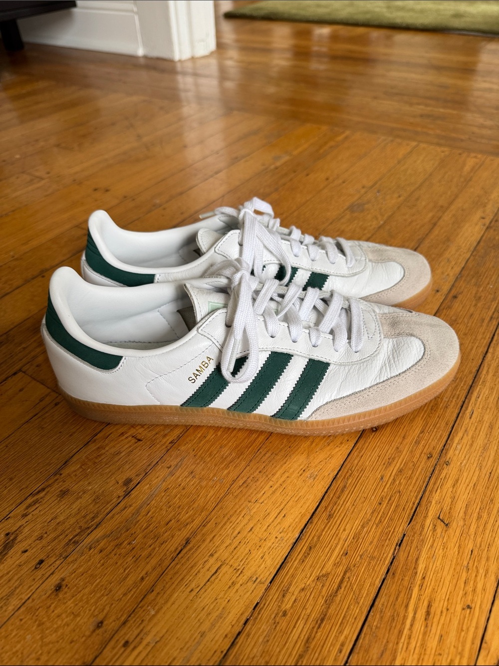 adidas White Leather Sneakers with Green Stripes and Gum Sole